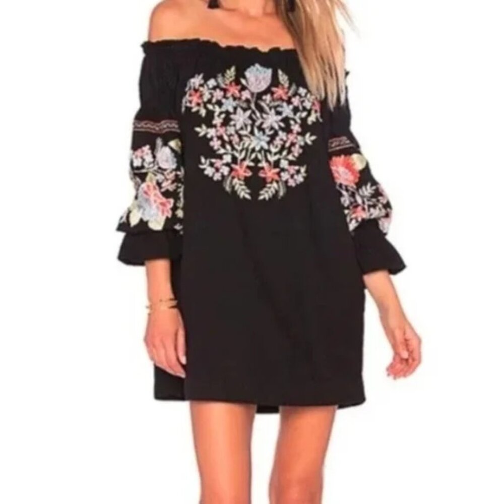 FREE PEOPLE | Fleur Du Jour Embroidered Off the Shoulder Shift Dress (Size XS)